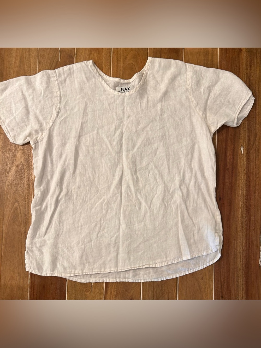 FLAX Jeanne Englehart White 100% Linen Short Sleeve Relaxed Top Small